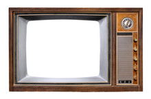 Vintage Television - Antique Wooden Box Television With Cut Out Frame Screen Isolate On White With Clipping Path For Object, Retro Technology