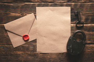 Wall Mural - top secret document with confidential information template on a wooden table flat lay background.