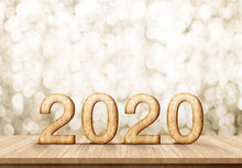 Happy New Year 2020 (3d Rendering) On Wood Plank Table At Gold Sparkle Bokeh Abstract Background,holiday Greeting Card.