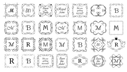 Wall Mural - Vintage frames, vignette, title and headers set for book, labels, boutique, sign-board, wedding invitations. Black and white retro design