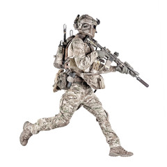 Wall Mural - Running soldier with rifle isolated studio shoot