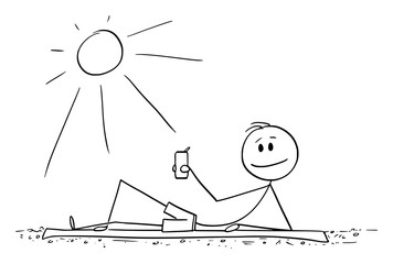 Sticker - Vector cartoon stick figure drawing conceptual illustration of man lying on beach and enjoying sunny day or summer with beer can or tin in hand.