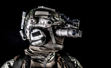 Soldier In Night View Goggles Low Key Studio Shoot