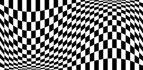 distortion effects on checkered pattern, monochrome black and white eps10 vector background.