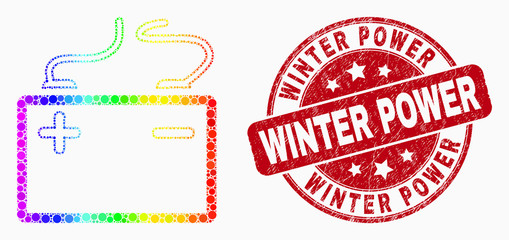 Wall Mural - Dot rainbow gradiented accumulator battery mosaic pictogram and Winter Power seal stamp. Red vector round distress stamp with Winter Power title. Vector composition in flat style.