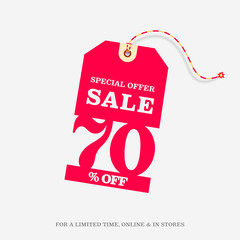 Poster - 70% OFF SALE Price Tag. Red Label Web Banner Design Template. 70% Sale Limited Time Online and in Stores Promo Marketing Campaign Message Vector Design Illustration