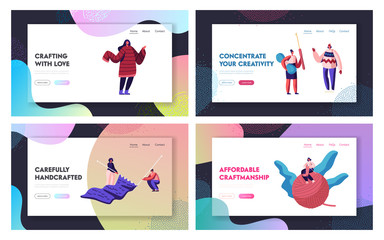 Poster - knitting hobby website landing page set. tiny female characters doing knitwork activity with huge ne