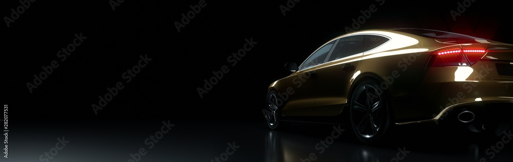 Golden car in dark stage. - obrazy, fototapety, plakaty 
