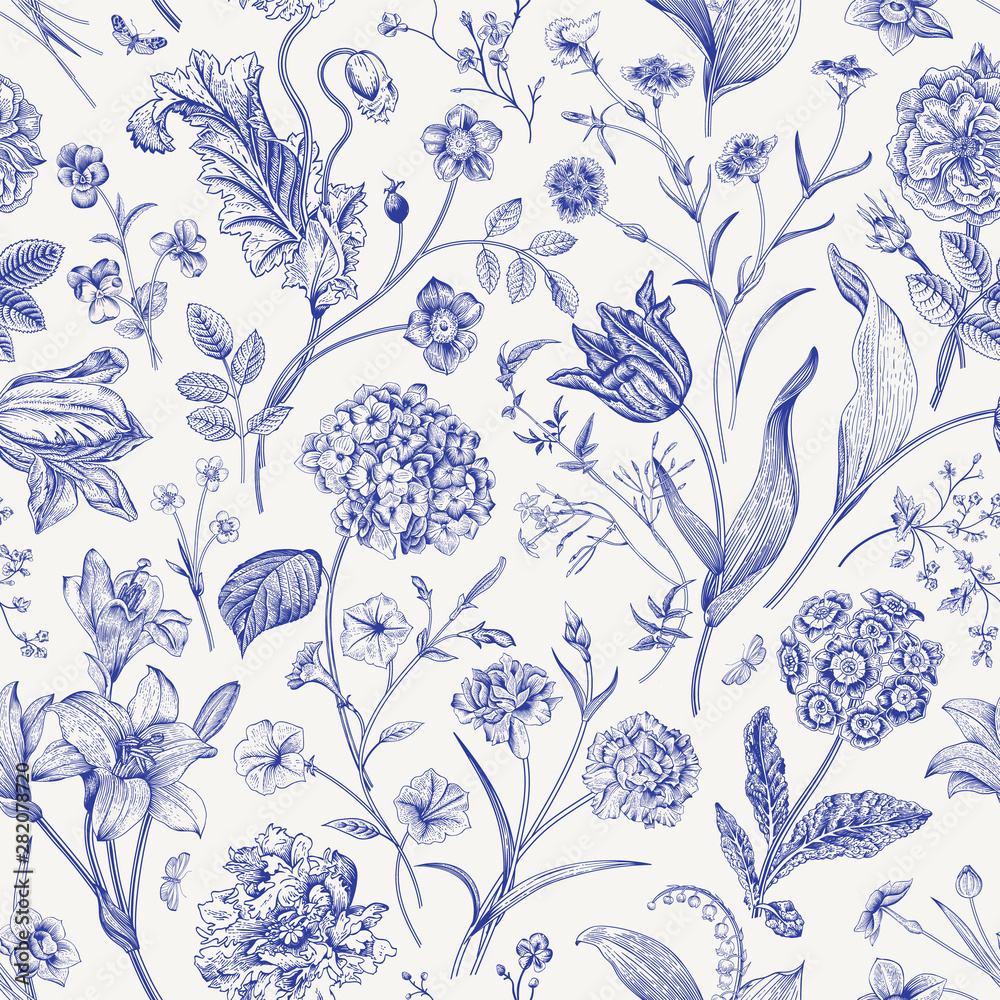 Seamless vector floral pattern. Classic illustration. Toile de Jouy - obrazy, fototapety, plakaty 