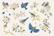 Classis vintage illustration. Blossom garden with tits. Birds and flowers. Set