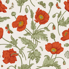 Vintage floral illustration. Seamless pattern. Red Poppies with butterflies.