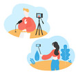 © AnnRomb - Cartoon internet blogger recording media content using selfie stick. Influencer filming video blog. Girl takes photography on her smartphone