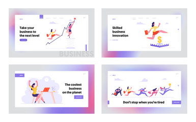 Poster - Business Situations Office Employees Website Landing Page Set. Financial Risks Woman Jump over Trap, Climbing Up with Graph, Workers Competition Race Web Page Banner. Cartoon Flat Vector Illustration