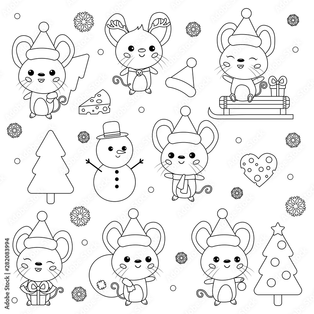 Vector set of New Year symbol - rat. Cute cartoon kawaii mouse characters.  Christmas theme. Coloring page for kids. Outline rodent. Winter collection.  Stock Vector | Adobe Stock, image size:1000x1000