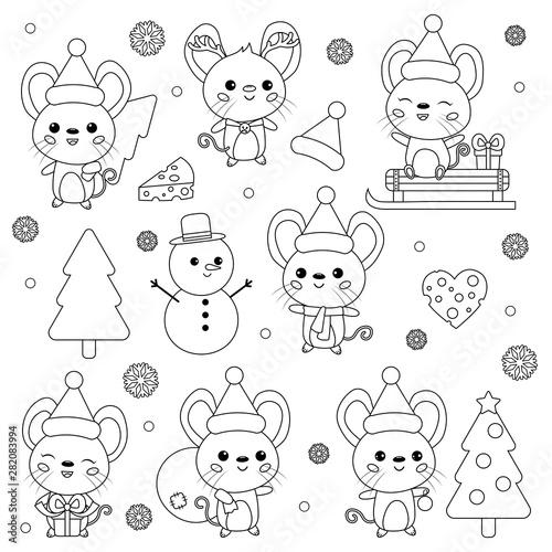 vector set of new year symbol  rat cute cartoon kawaii
