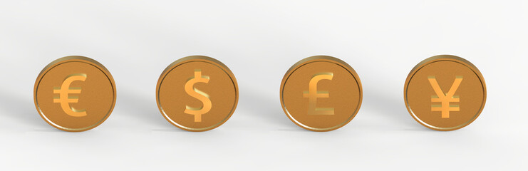 Gold coins with world currency signs isolated on a white background, 3d render. 