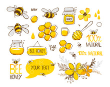 Set Of Bee, Honey, Lettering And Other Beekeeping Illustration. Vector EPS10.