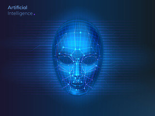 Poster - Artificial intelligence or robot face with dots and lines. AI or cyber neural network connections near bionic or virtual human head. Futuristic visual concept. Science and machine, information