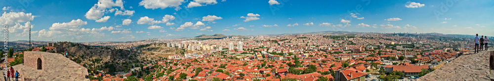 Panoramic view of Ankara Castle (Kalesi). It is a fortification from the late antique / early medieval era in Ankara, Turkey. 360 degree view of the capital of Turkey. Tourists on the walls of the man