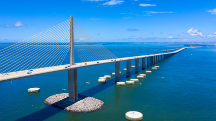 Sunshine Skyway bridge drone view looking north towards Pinellas county