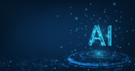 Poster - Abstract futuristic digital and technology on dark blue color background. AI(Artificial Intelligence) wording with the circuit design.