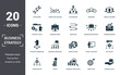 Business Strategy icon set. Contain filled flat business vision, business value, brand strategy, business conditions, competitive strategy, market share, strategy tools icons. Editable format