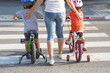 Mother goes pedestrian crossing with children on bicycles. A woman with children crossing the road in the city. Back view.