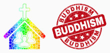 Pixel Spectral Church People Mosaic Pictogram And Buddhism Stamp. Red Vector Rounded Distress Seal Stamp With Buddhism Caption. Vector Combination In Flat Style.