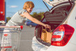© Mihail - woman putting paper bags with food in car trunk