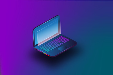 Poster - Laptop illustration depicts an isometric view on a colorful background. Vector graphics.