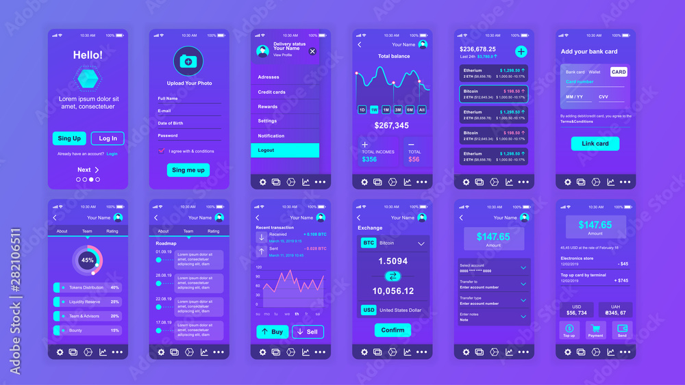 Gui Interface Designs For App Development Set of UI, UX, GUI screens Cryptocurrency app flat design template for ...