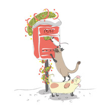 A Dog, Cat And Rat At The Mailbox Send Letters To Santa Claus. Christmas Cards. Vector Illustration On A Transparent Background.