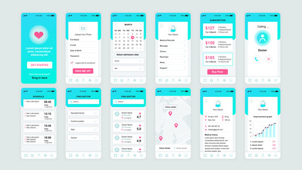 Fototapete - Set of UI, UX, GUI screens Medicine app flat design template for mobile apps, responsive website wireframes. Web design UI kit. Medicine Dashboard.