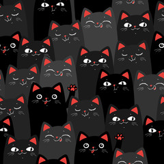 Black and grey Cats. Cartoon seamless pattern. Vector EPS 10.