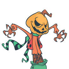 Halloween Cartoon Scarecrow Pumpkin Head. Halloween Illustration