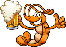 Happy Cartoon Shrimp Holding A Beer Clip Art. Vector Illustration With Simple Gradients. Shrimp And Beer On Different Layer. 