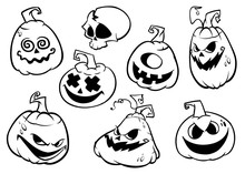 Cartoon Scary Jack O' Lantern Pumpkins Set Outlined