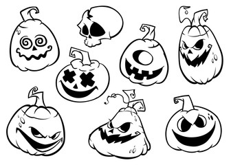 Cartoon scary Jack O' Lantern pumpkins set outlined