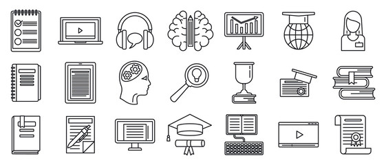 Poster - Staff education training icons set. Outline set of staff education training vector icons for web design isolated on white background