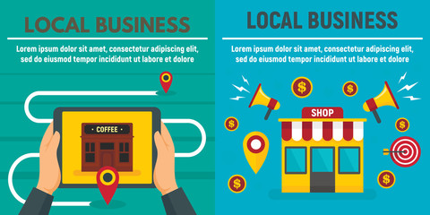 Poster - City local business shop banner set. Flat illustration of city local business shop vector banner set for web design