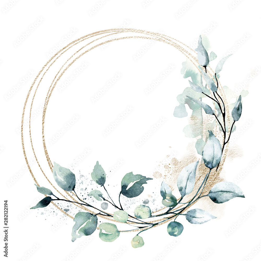 Leaves gold frame wreath border. Watercolor hand painting floral geometric background. Leaf, plant, branch isolated on white background. - obrazy, fototapety, plakaty 