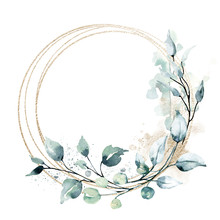Leaves Gold Frame Wreath Border. Watercolor Hand Painting Floral Geometric Background. Leaf, Plant, Branch Isolated On White Background.