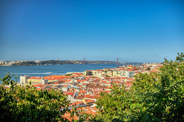 Wall Mural - Views of Lisboa where you can see the roofs of their houses, Tajo River, April 25 bridge and Cristo Rey