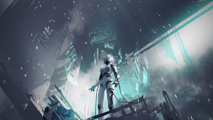 the female robot is being repaired in an abandoned factory, digital art style, illustration painting