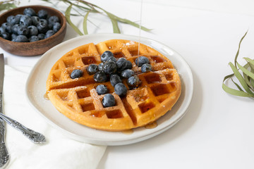 Wall Mural - Maple Syrup pouring on Belgian waffle with blueberries, Dusted with Powdered Sugar, White Background, Copy Space