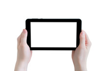 Black Tablet With A White Display In The Hands Of A Caucasian Girl. Isolate Close-up.