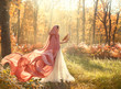 © kharchenkoirina - bright summer photo of mysterious beauty in morning forest, lady in shiny white dress and peach pink cloak with long train and hood, back to camera and turned face, girl with dark hair and barn owl