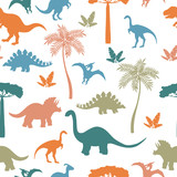 Fototapeta Dinusie - Seamless pattern with colorful dinosaur silhouettes