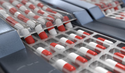 Red and white capsules in pharmaceutical production line. 3D ren