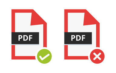 Aufkleber - Vector correct approved and incorrect disapproved pdf file. Flat icon with green check sign and red cancel sign – error. Symbol of portable document file for web and print isolated on white background